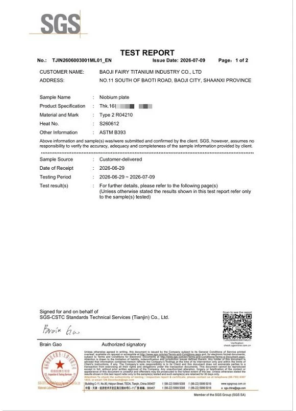 SGG test report of niobium plate --baoji fairy SGG test report of niobium plate --baoji fairy